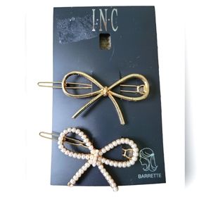 INC 2PC BOW BARETTES GOLD AND PEARL